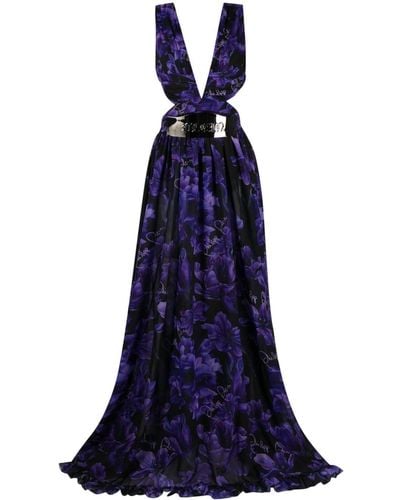 Philipp Plein Chiffon-Kleid mit Blumen-Print - Blau