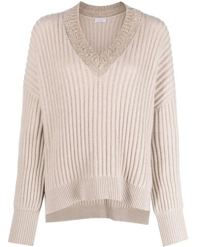 Brunello Cucinelli V-neck Cashmere Sweater - Natural