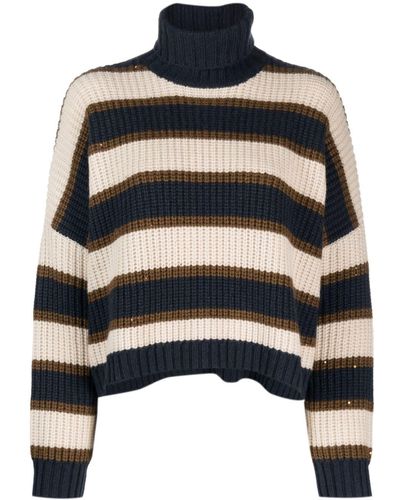 Brunello Cucinelli Striped Roll-neck Waffle-knit Sweater - Black