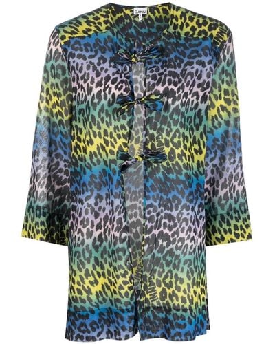 Ganni Blouse en coton à imprimé léopard - Bleu