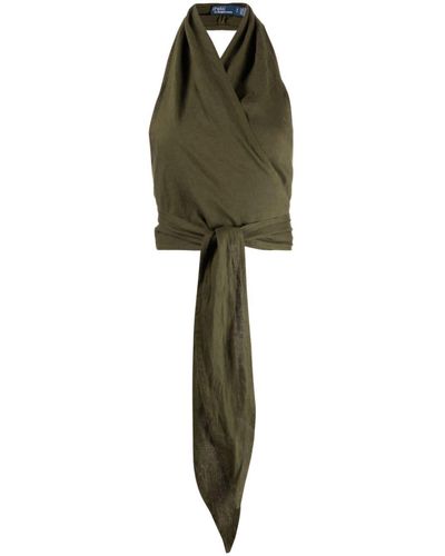 Polo Ralph Lauren Halterneck Linen Cropped Wrap Top - Green