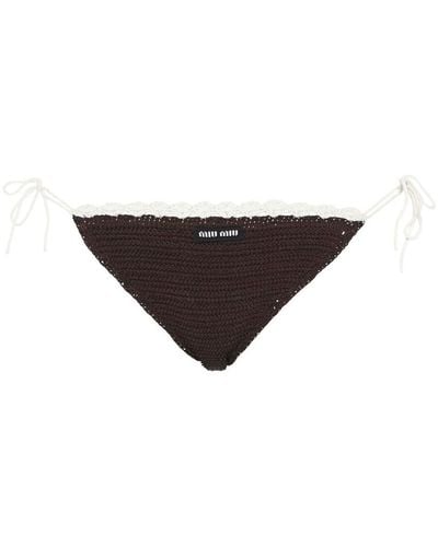 Miu Miu Crochet-knit Embroidered-logo Bikini Bottoms - Black
