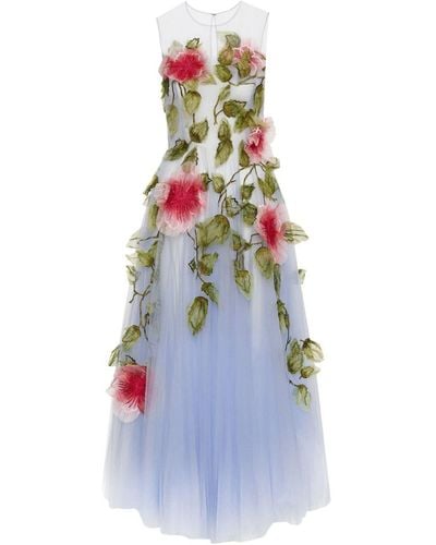 Oscar de la Renta Hibiscus Floral-embroidered Tulle Gown - White