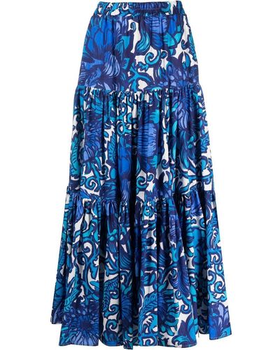 La DoubleJ Graphic-print Tiered Cotton Skirt - Blue