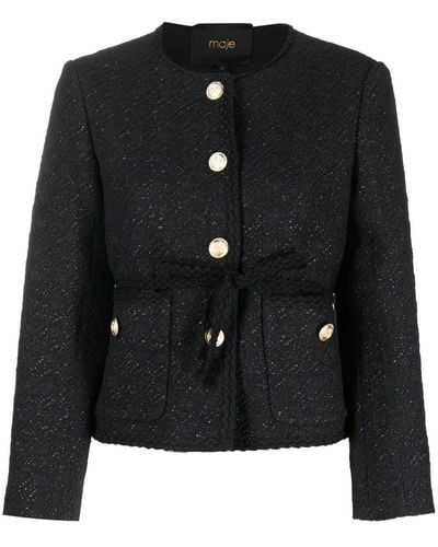 Maje Belted Metallic-threading Tweed Jacket - Black
