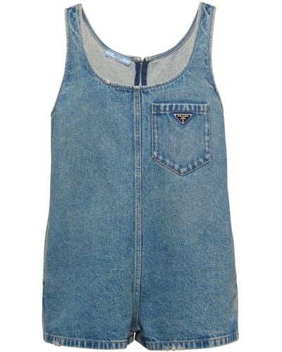 Prada Triangle-logo Denim Playsuit - Blue