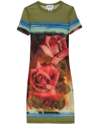 Jean Paul Gaultier Roses-Print Short-Sleeve Mesh Mini Dress - Multicolour