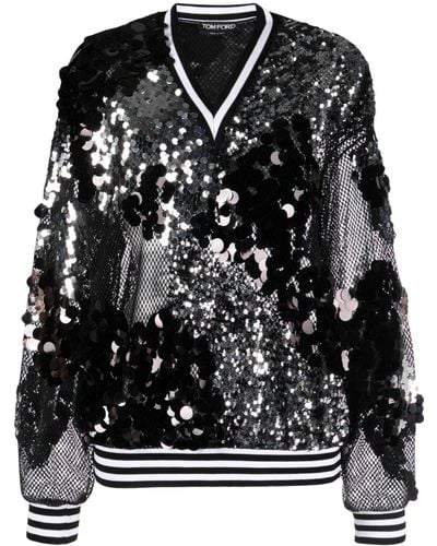 Tom Ford Sequin-embellished Mesh-detail Sweatshirt - Black