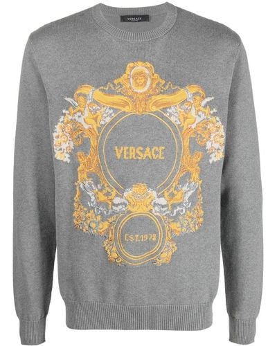 Versace Intarsia-knit Crew Neck Sweater - Grey
