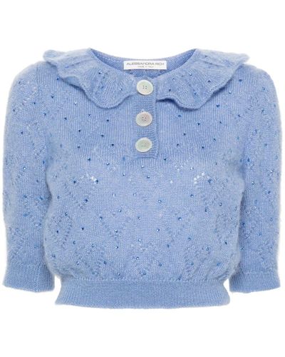 Alessandra Rich Cropped Top Verfraaid Met Kristallen - Blauw