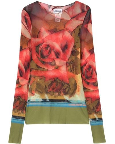 Jean Paul Gaultier The Red Roses Mesh-Oberteil - Rot