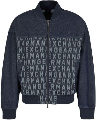 Armani Exchange Logo-embroidered Denim Bomber Jacket - Blue