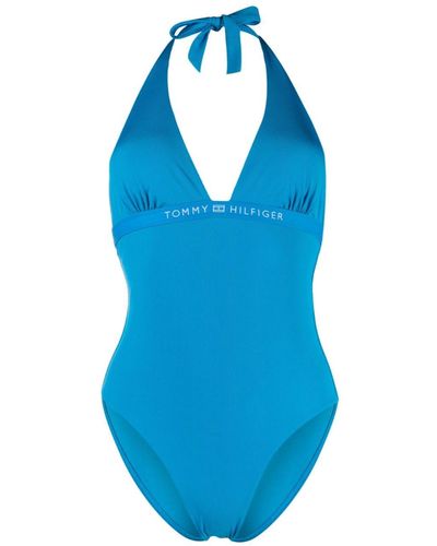 Tommy Hilfiger Logo-tape Ribbed Halterneck Swimsuit - Blue