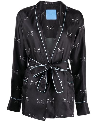 Macgraw Cat-print Silk Robe - Black