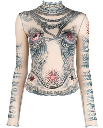 Jean Paul Gaultier Tattoo-print Mesh Top - Brown