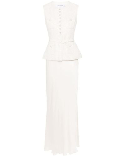 Self-Portrait Belted Tweed Maxi Dress - White