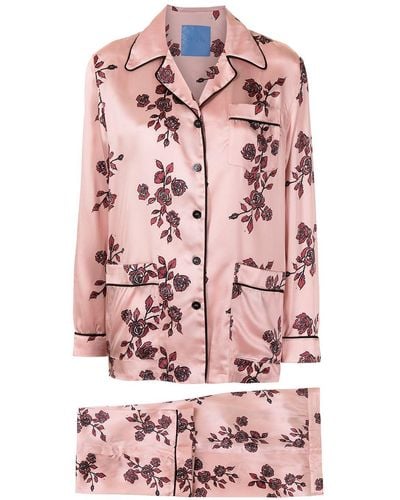 Macgraw Rose Print Silk Pajama Set - Pink