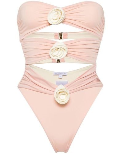 LaRevêche Floral-appliqué Strapless Swimsuit - Pink
