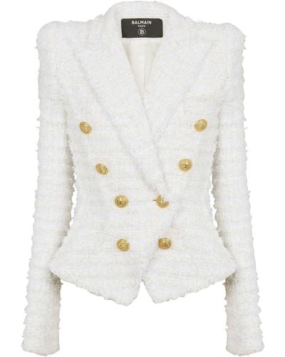 Balmain Tweed Double-breasted Button Blazer - White