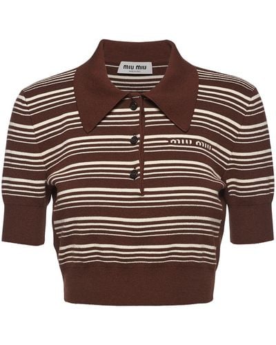 Miu Miu Stripe Cropped Polo Shirt - Brown