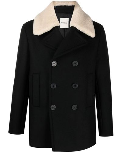 Sandro Shearling-collar Double-breasted Coat - Black