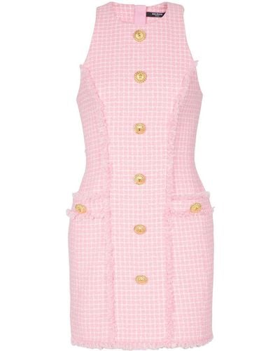 Balmain Tweed Mini-jurk Met Knoop Met Reliëf - Roze