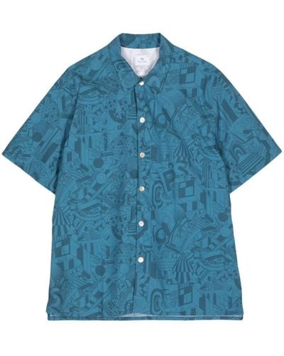 PS by Paul Smith Doodle-print Camp-collar Shirt - Blauw