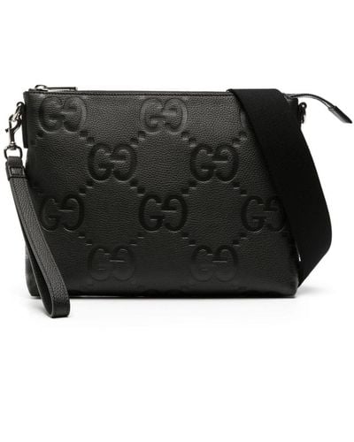 Gucci Medium Jumbo GG Leather Messenger Bag - Black
