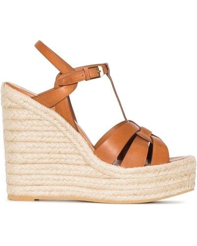 Saint Laurent Tribute Leather Espadrille Wedge Sandals - Brown