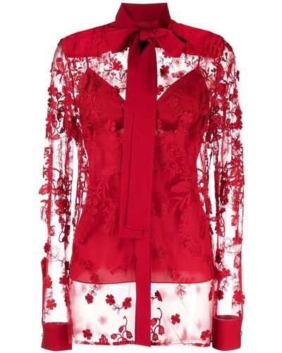 Elie Saab Floral-embroidery Tulle-overlay Shirt - Red