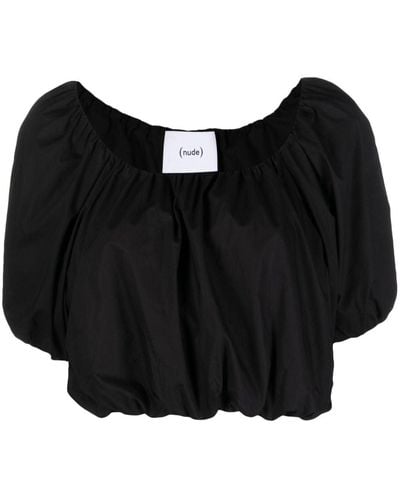 Nude Ruched Cropped Top - Black