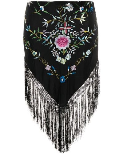 Conner Ives Floral-embroidery Fringed Skirt - Black