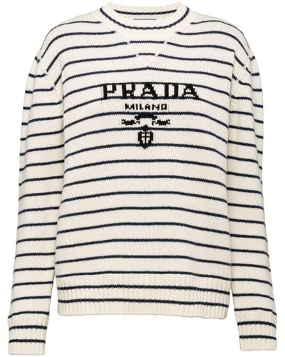 Prada Intarsia-logo Striped Cashmere Sweater - Gray