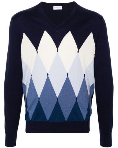 Ballantyne V-neck Argyle-knit Sweater - Blue