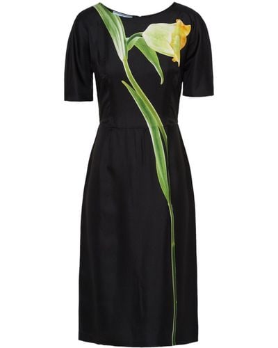 Prada Floral-print Silk Twill Dress - Black