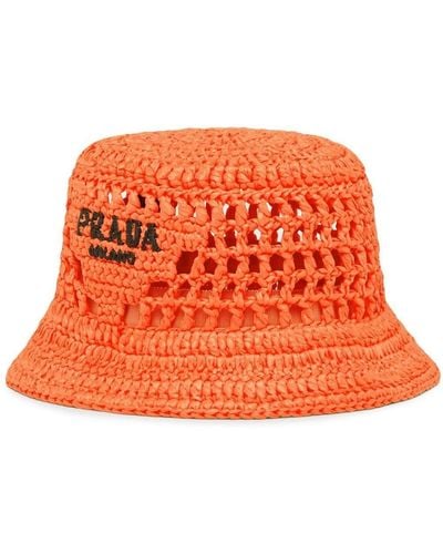 Prada Raffia Embroidered-logo Bucket Hat - Orange