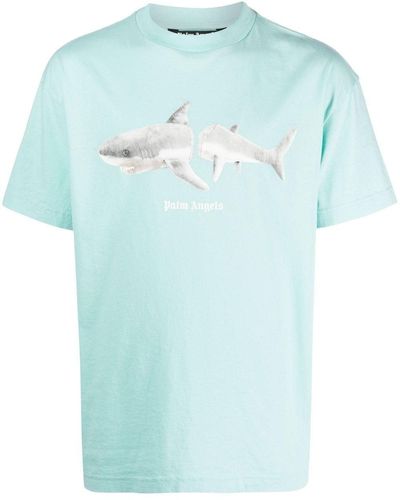Palm Angels Shark-print Organic Cotton T-shirt - Blue