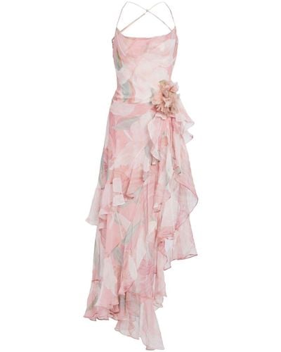 retroféte Samara Floral-print Ruffled Silk Dress - Pink