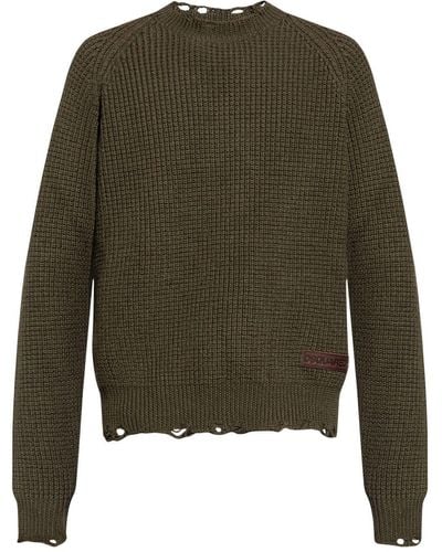 DSquared² Logo-patch Distressed Knitted Sweater - Green