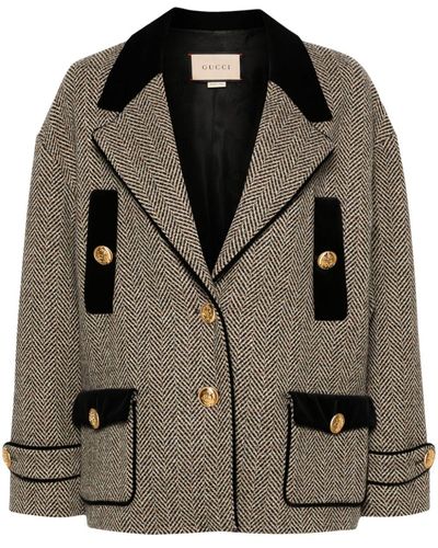 Gucci Cappotto In Lana Con Motivo A Spina Di Pesce - Grigio