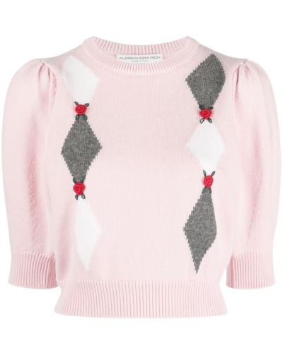 Alessandra Rich Floral-appliqué Cropped Knitted Jumper - Pink