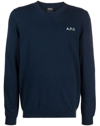 A.P.C. Alois Logo-embroidered Fine-knit Sweater - Blue