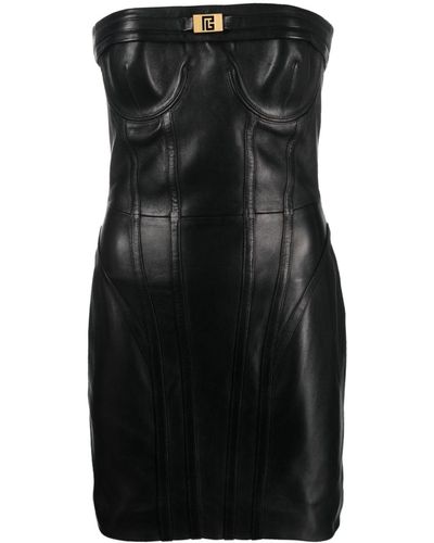Balmain Strapless Leather Minidress - Black