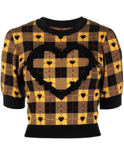Alessandra Rich Heart Plaid Print Knit Top - Black