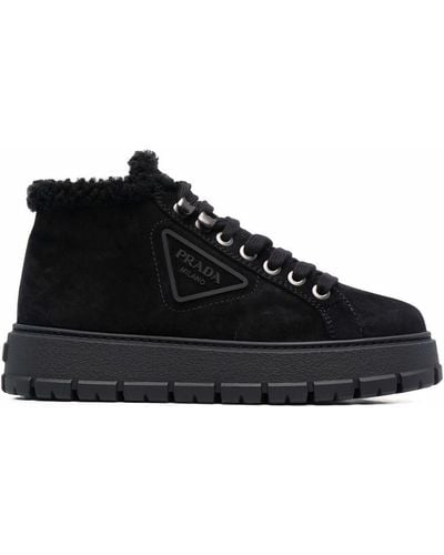 Prada Logo Plaque Shearling Ankle Boots - Black