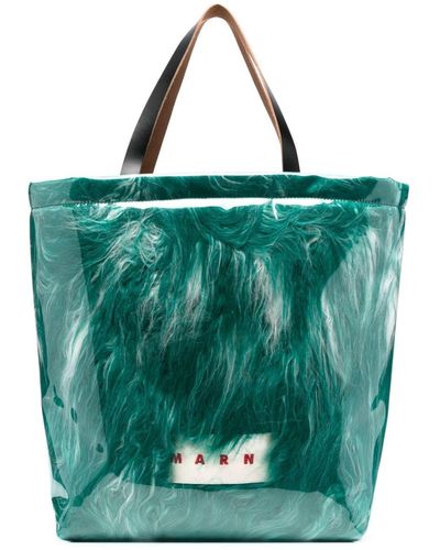 Marni Faux Fur Logo-print Tote Bag - Green