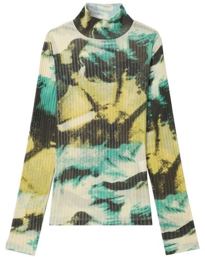 Closed Abstract-print Mock-neck Top - Green