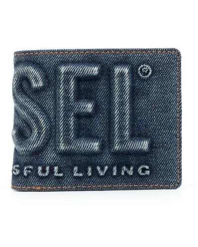 DIESEL Bi-fold Wallet In Logo-embossed Denim - Blue