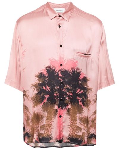 Laneus Palm Tree-print Satin Shirt - Pink