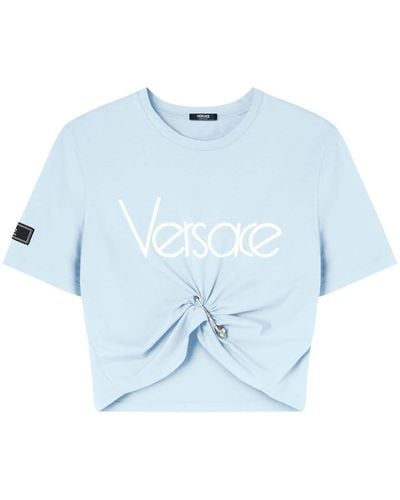 Versace T-shirt crop en coton à logo imprimé - Bleu
